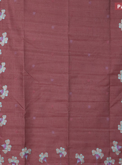 Semi raw silk saree rosy brown with embroidery work buttas and floral design embroidery work border