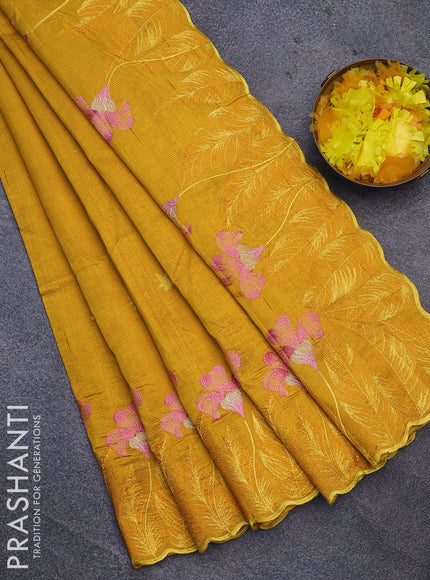 Semi raw silk saree mustard yellow with embroidery work buttas and floral design embroidery work border