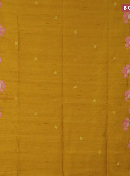 Semi raw silk saree mustard yellow with embroidery work buttas and floral design embroidery work border