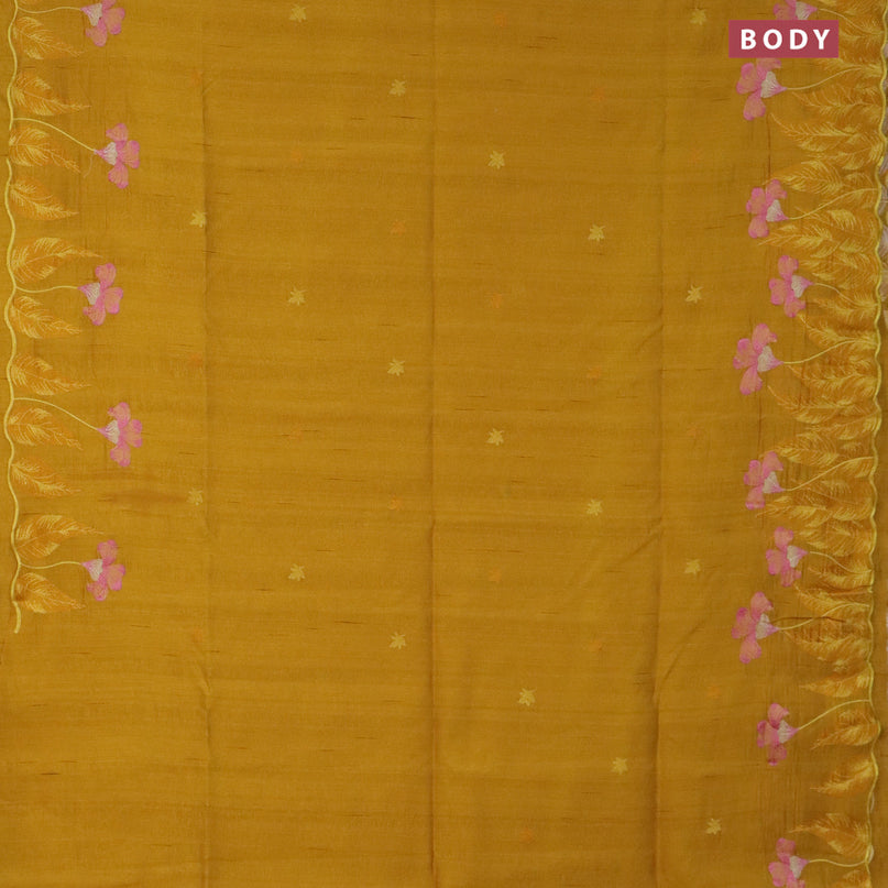 Semi raw silk saree mustard yellow with embroidery work buttas and floral design embroidery work border