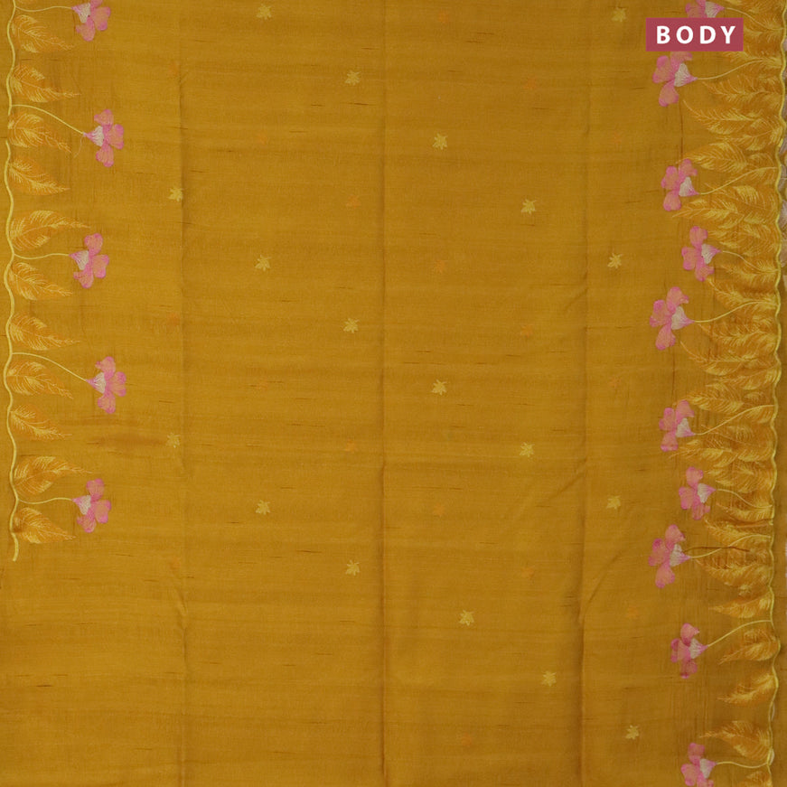 Semi raw silk saree mustard yellow with embroidery work buttas and floral design embroidery work border