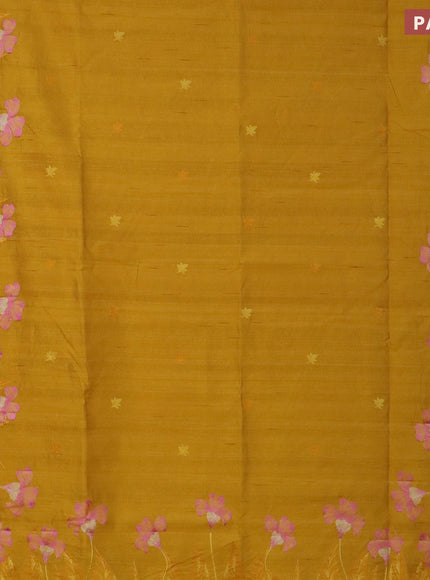 Semi raw silk saree mustard yellow with embroidery work buttas and floral design embroidery work border