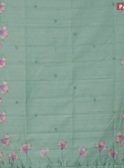 Semi raw silk saree pastel green with embroidery work buttas and floral design embroidery work border