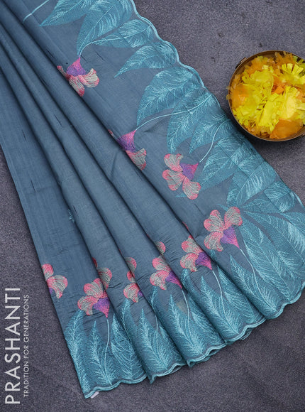 Semi raw silk saree pastel blue shade with embroidery work buttas and floral design embroidery work border