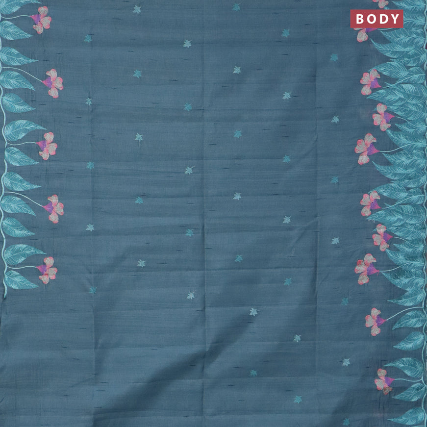 Semi raw silk saree pastel blue shade with embroidery work buttas and floral design embroidery work border