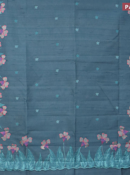 Semi raw silk saree pastel blue shade with embroidery work buttas and floral design embroidery work border