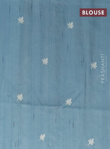 Semi raw silk saree pastel blue shade with embroidery work buttas and floral design embroidery work border