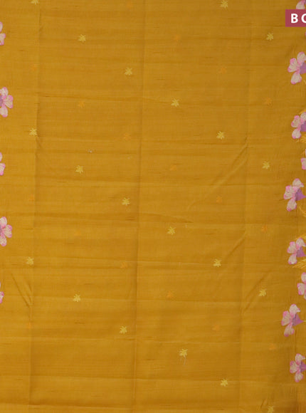 Semi raw silk saree mustard yellow with embroidery work buttas and floral design embroidery work border