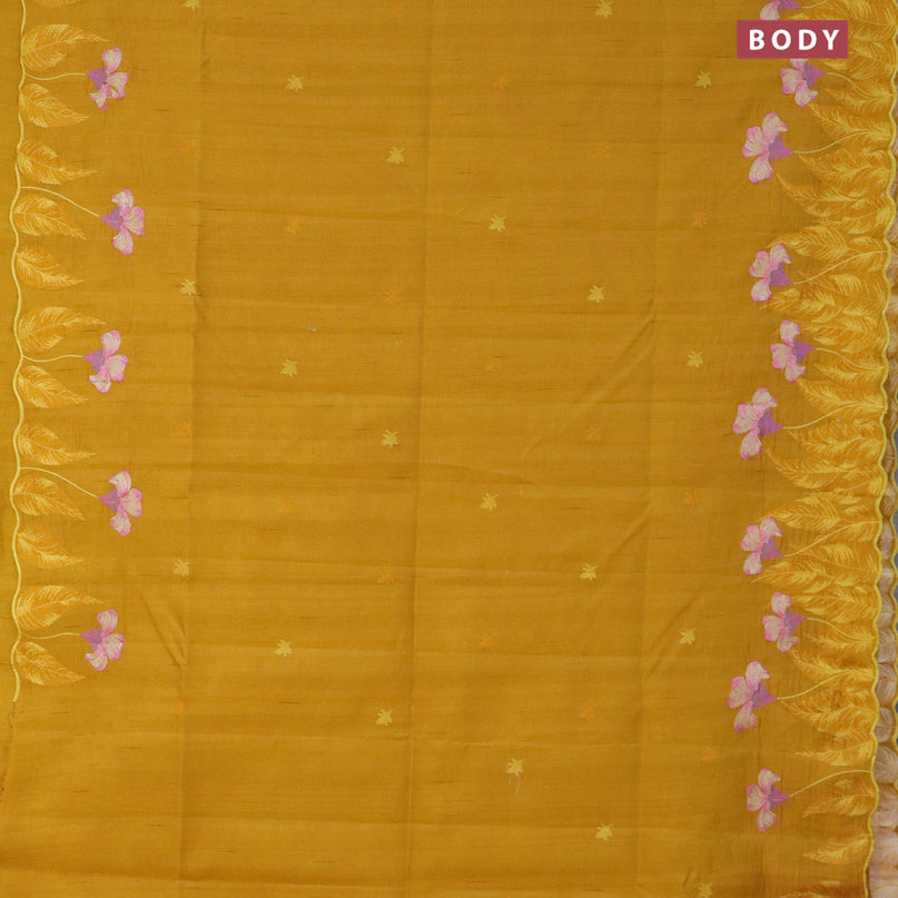 Semi raw silk saree mustard yellow with embroidery work buttas and floral design embroidery work border