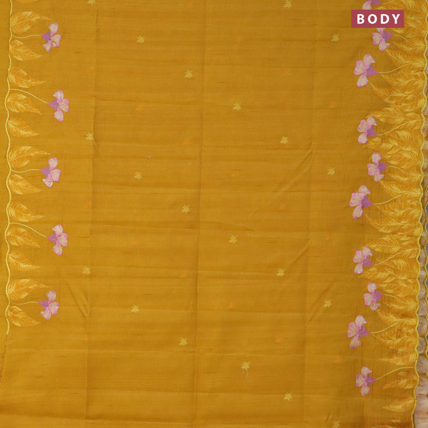 Semi raw silk saree mustard yellow with embroidery work buttas and floral design embroidery work border