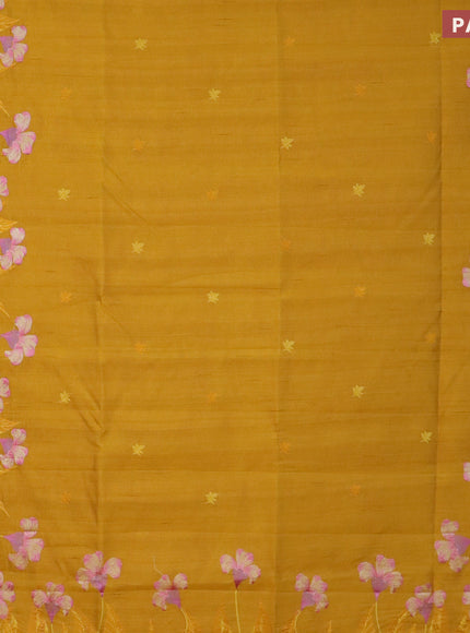 Semi raw silk saree mustard yellow with embroidery work buttas and floral design embroidery work border