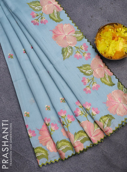 Semi raw silk saree pastel blue with embroidery work buttas and floral design embroidery work border