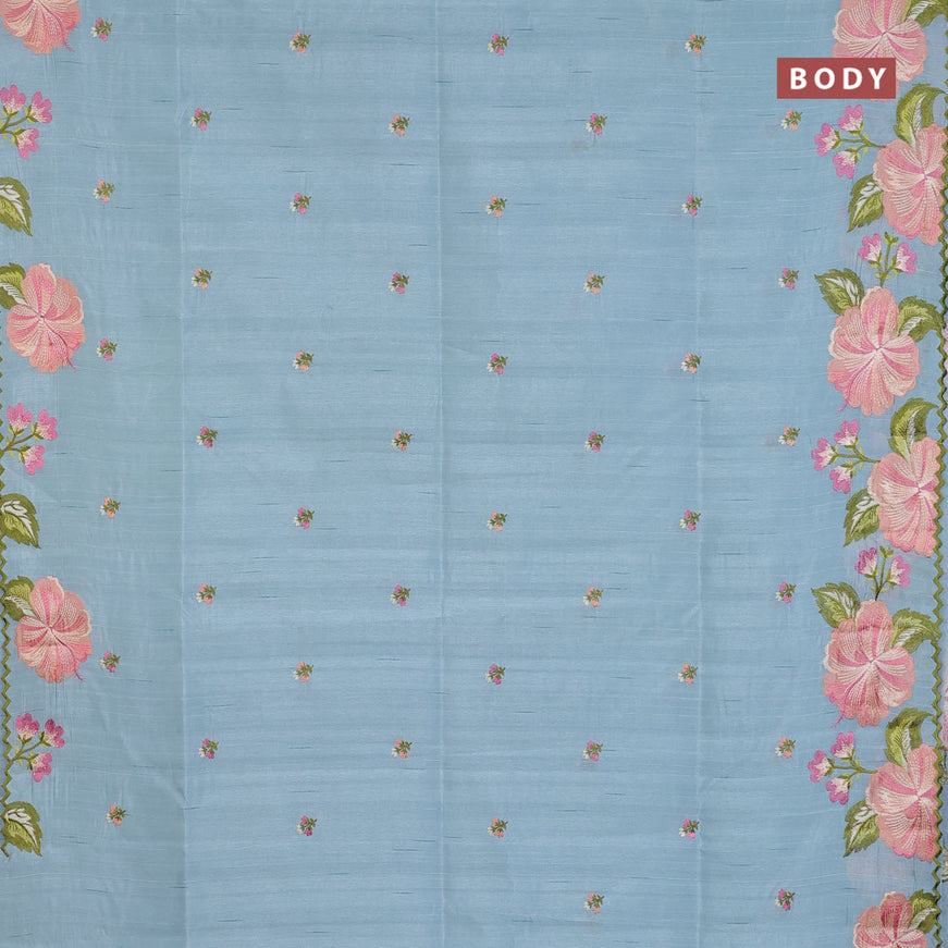 Semi raw silk saree pastel blue with embroidery work buttas and floral design embroidery work border