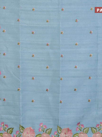 Semi raw silk saree pastel blue with embroidery work buttas and floral design embroidery work border