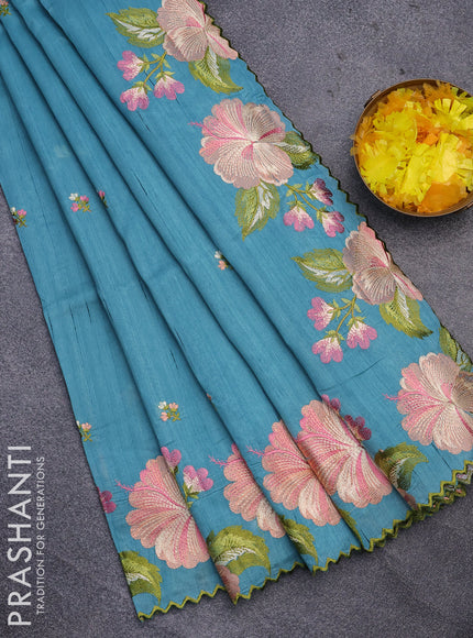 Semi raw silk saree teal blue shade with embroidery work buttas and floral design embroidery work border