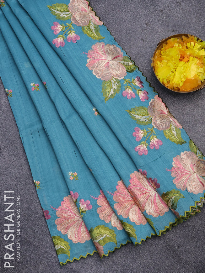 Semi raw silk saree teal blue shade with embroidery work buttas and floral design embroidery work border