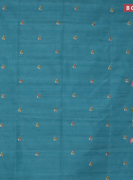 Semi raw silk saree teal blue shade with embroidery work buttas and floral design embroidery work border