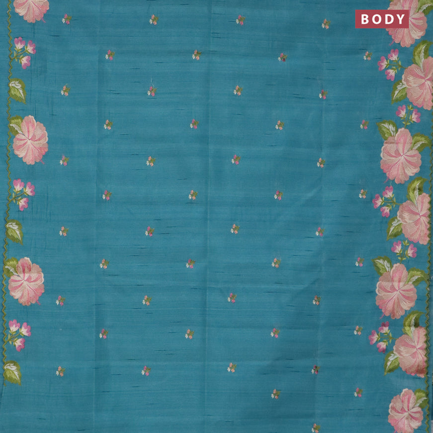 Semi raw silk saree teal blue shade with embroidery work buttas and floral design embroidery work border