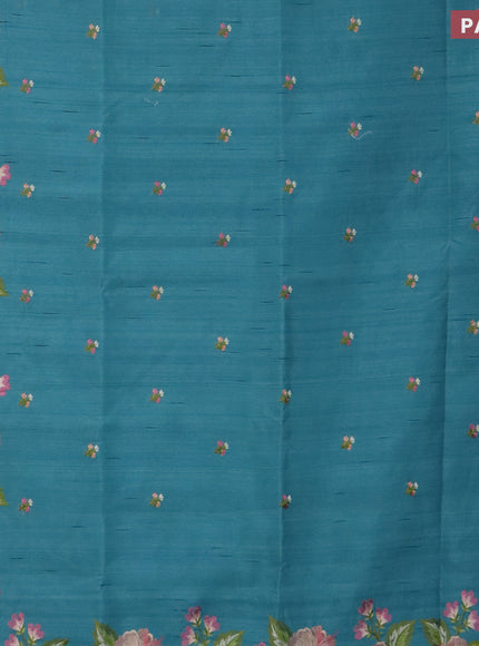 Semi raw silk saree teal blue shade with embroidery work buttas and floral design embroidery work border