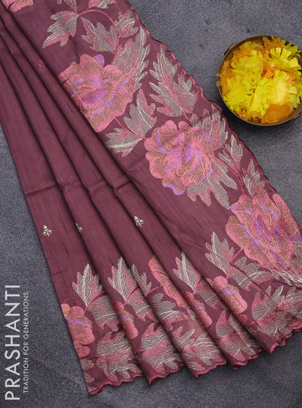 Semi raw silk saree rosey brown with embroidery work buttas and floral design embroidery work border