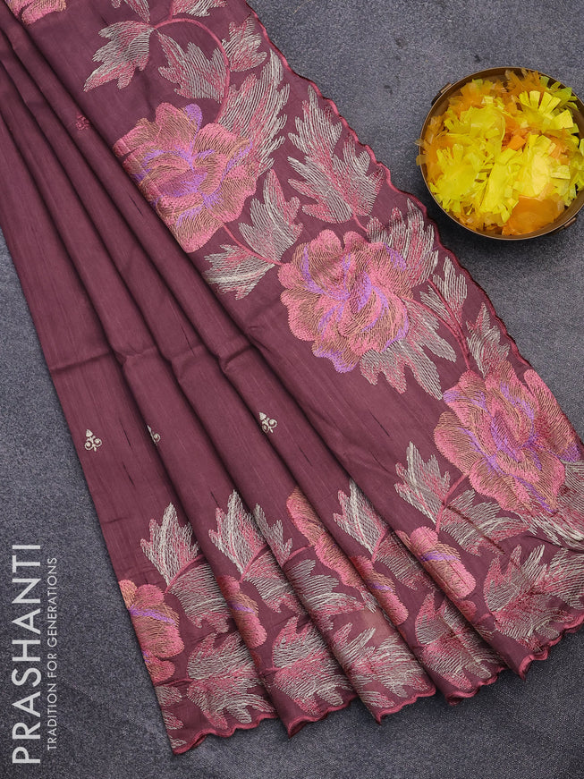 Semi raw silk saree rosey brown with embroidery work buttas and floral design embroidery work border