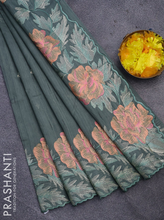 Semi raw silk saree pastel green shade with embroidery work buttas and floral design embroidery work border