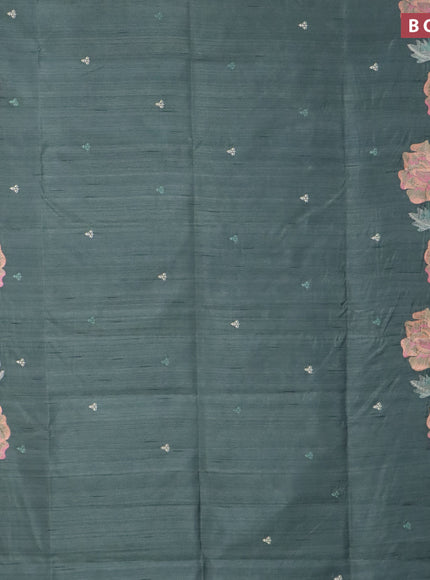 Semi raw silk saree pastel green shade with embroidery work buttas and floral design embroidery work border