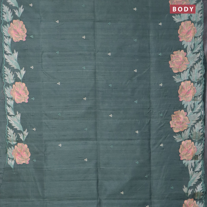 Semi raw silk saree pastel green shade with embroidery work buttas and floral design embroidery work border