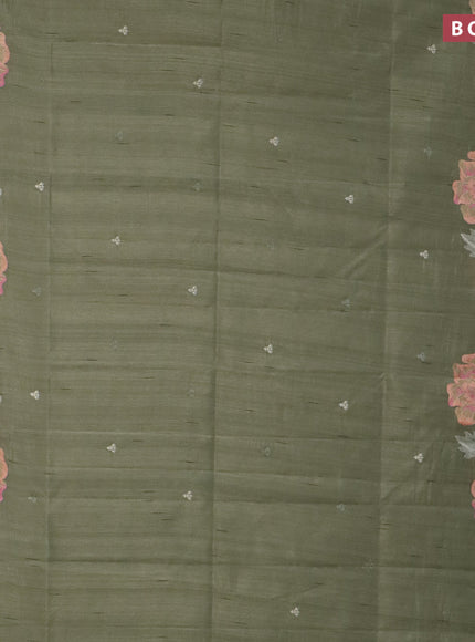 Semi raw silk saree pastel green shade with embroidery work buttas and floral design embroidery work border