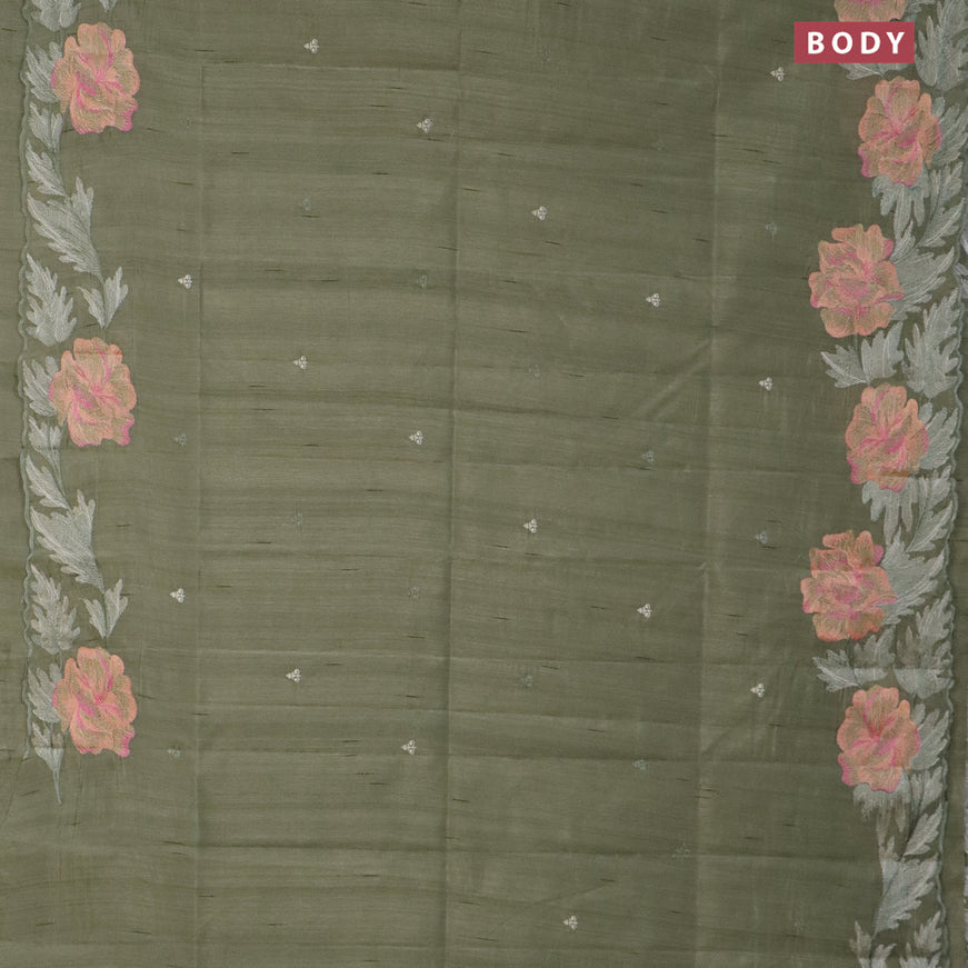 Semi raw silk saree pastel green shade with embroidery work buttas and floral design embroidery work border