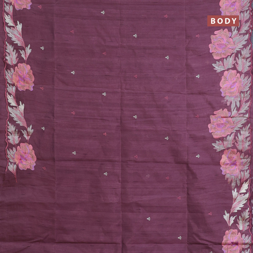 Semi raw silk saree rosey brown with embroidery work buttas and floral design embroidery work border