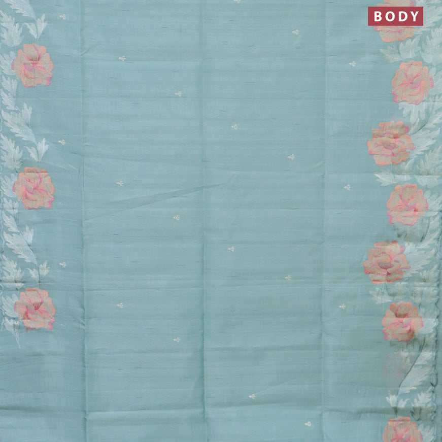 Semi raw silk saree pastel green shade with embroidery work buttas and floral design embroidery work border