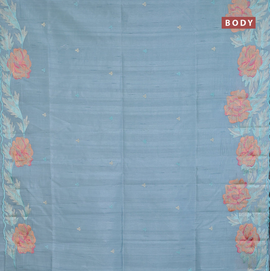 Semi raw silk saree teal blue shade with embroidery work buttas and floral design embroidery work border