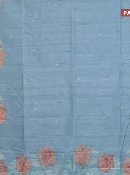 Semi raw silk saree teal blue shade with embroidery work buttas and floral design embroidery work border