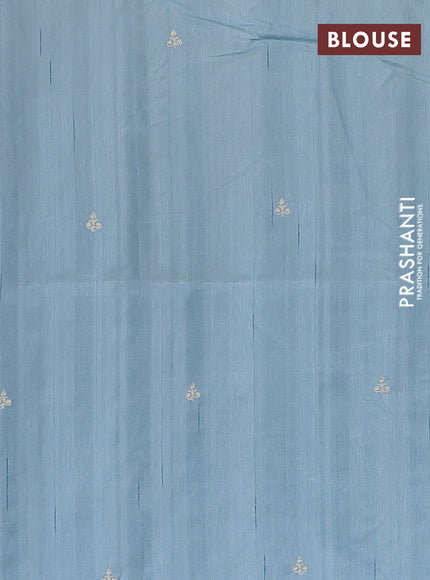 Semi raw silk saree teal blue shade with embroidery work buttas and floral design embroidery work border