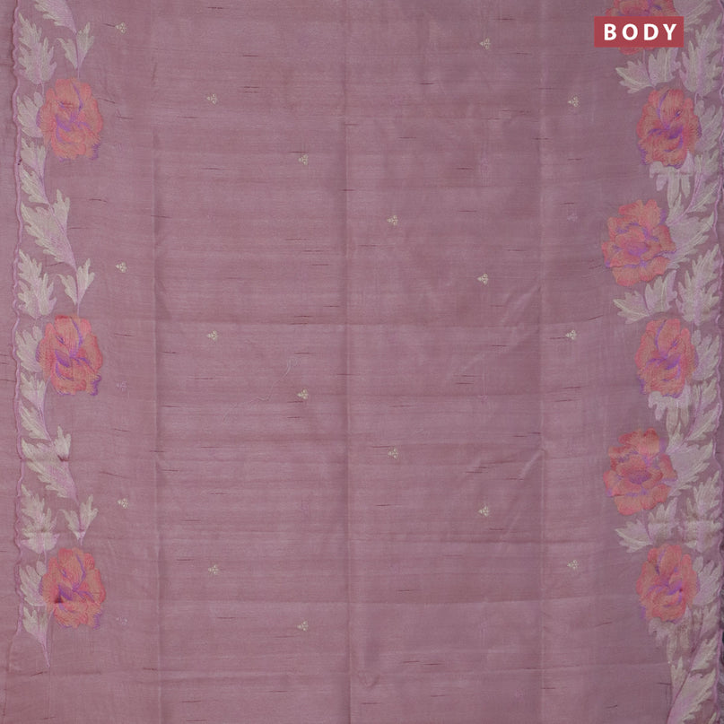 Semi raw silk saree pastel pink shade with embroidery work buttas and floral design embroidery work border