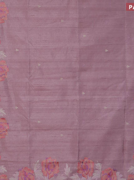 Semi raw silk saree pastel pink shade with embroidery work buttas and floral design embroidery work border