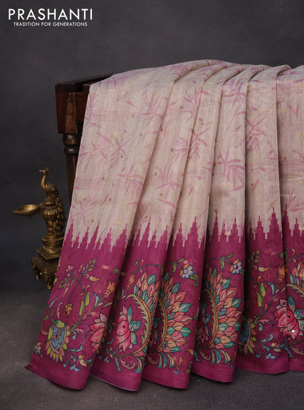 Semi tussar saree cream and dark magenta pink with zari woven buttas & prints and temple deisgn kalamkari printed mirror work border