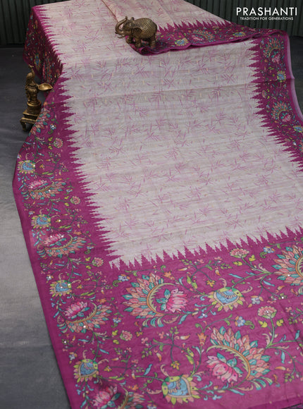 Semi tussar saree cream and dark magenta pink with zari woven buttas & prints and temple deisgn kalamkari printed mirror work border