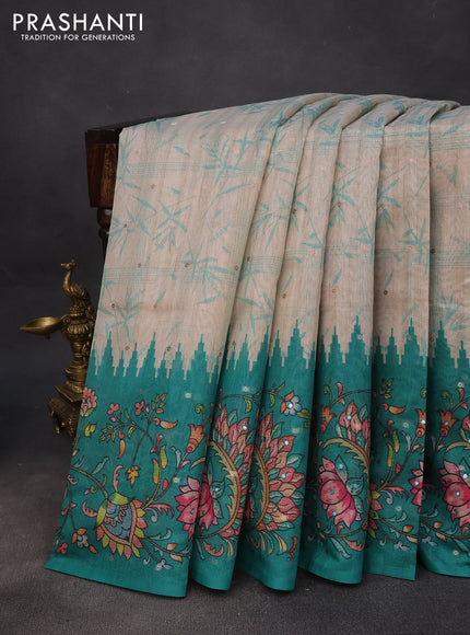 Semi tussar saree cream and teal green with zari woven buttas & prints and temple deisgn kalamkari printed mirror work border