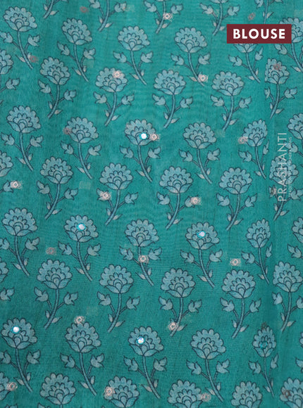 Semi tussar saree cream and teal green with zari woven buttas & prints and temple deisgn kalamkari printed mirror work border