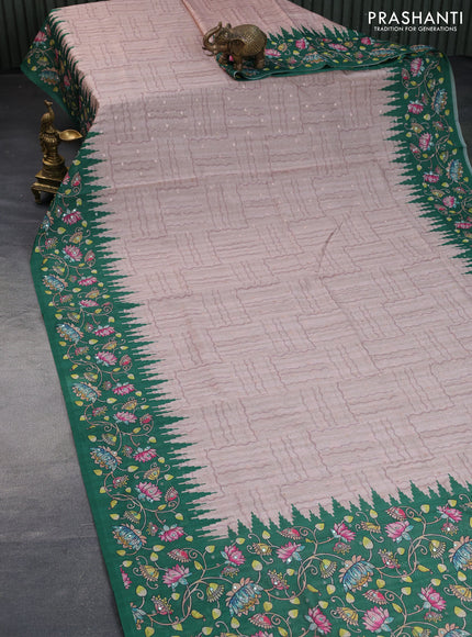 Semi tussar saree pastel brown and green with zari woven buttas & prints and temple deisgn kalamkari printed mirror work border