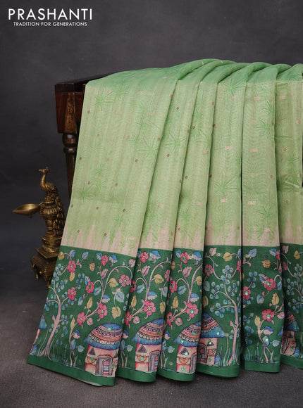 Semi tussar saree teal green shade and green with zari woven buttas & prints and temple deisgn kalamkari printed mirror work border