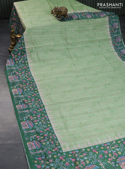 Semi tussar saree teal green shade and green with zari woven buttas & prints and temple deisgn kalamkari printed mirror work border