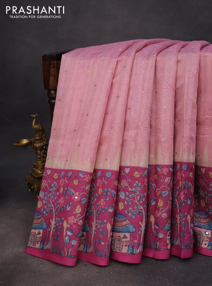 Semi tussar saree pastel pink and magenta pink with zari woven buttas & prints and temple deisgn kalamkari printed mirror work border