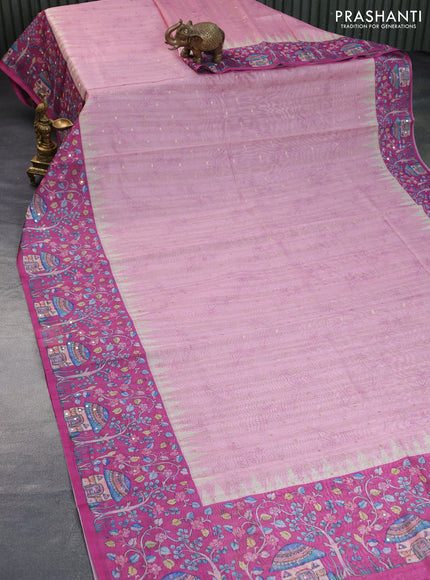 Semi tussar saree pastel pink and magenta pink with zari woven buttas & prints and temple deisgn kalamkari printed mirror work border