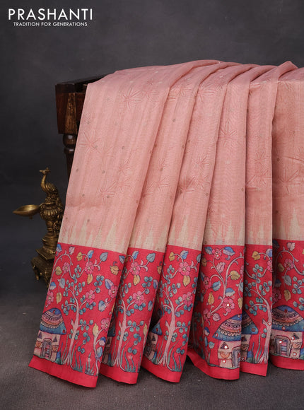 Semi tussar saree pastel peach and pink with zari woven buttas & prints and temple deisgn kalamkari printed mirror work border