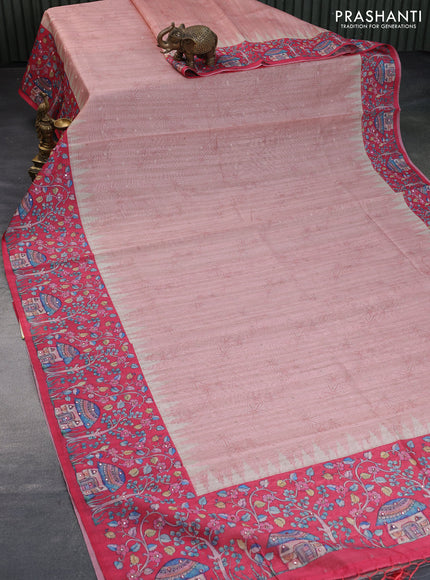 Semi tussar saree pastel peach and pink with zari woven buttas & prints and temple deisgn kalamkari printed mirror work border