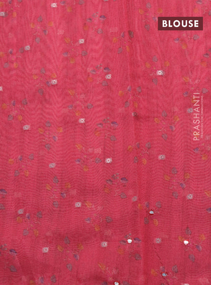 Semi tussar saree pastel peach and pink with zari woven buttas & prints and temple deisgn kalamkari printed mirror work border