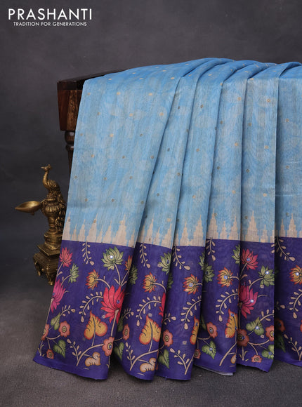 Semi tussar saree light blue and blue with zari woven buttas & prints and temple deisgn kalamkari printed mirror work border